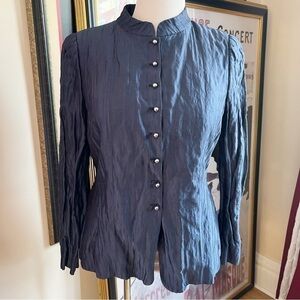 Armani Collezioni: Made in Italy Crinkle Navy Blue Silk Metal Button Up Jacket